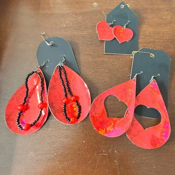 3 sets of faux leather Red Heart and Teardrop Earrings- handmade - Picture 9 of 11